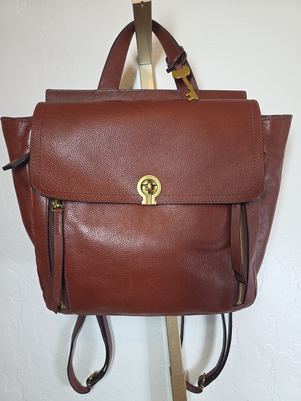 Fossil Amelia Brown Pebbled Leather Convertible Backpack Top Handle Bag Gold Key - Picture 3 of 16